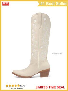 Knee High Cowboy Boots with Heart Embroidery Pointed Toe Chunky Heel